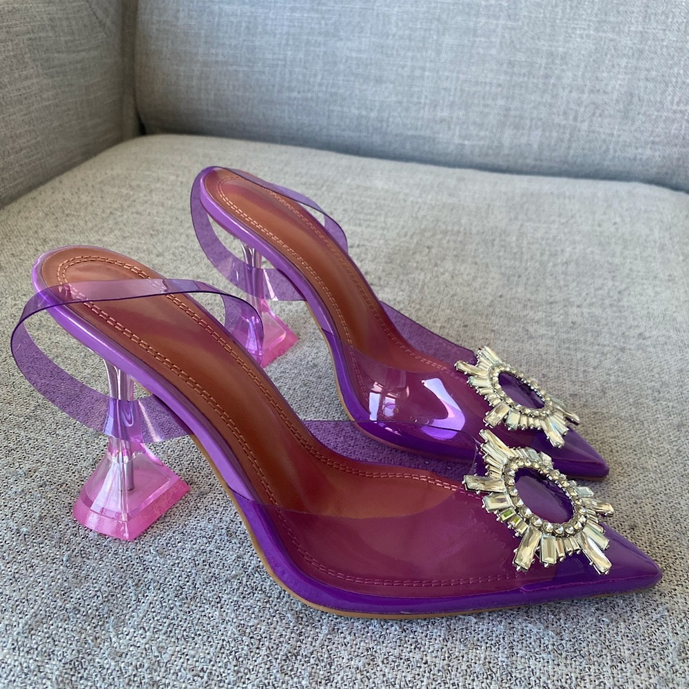 NEW⭐️ Amina Muaddi-inspired crystal purple PVC shoes 38 -with comparison to orig